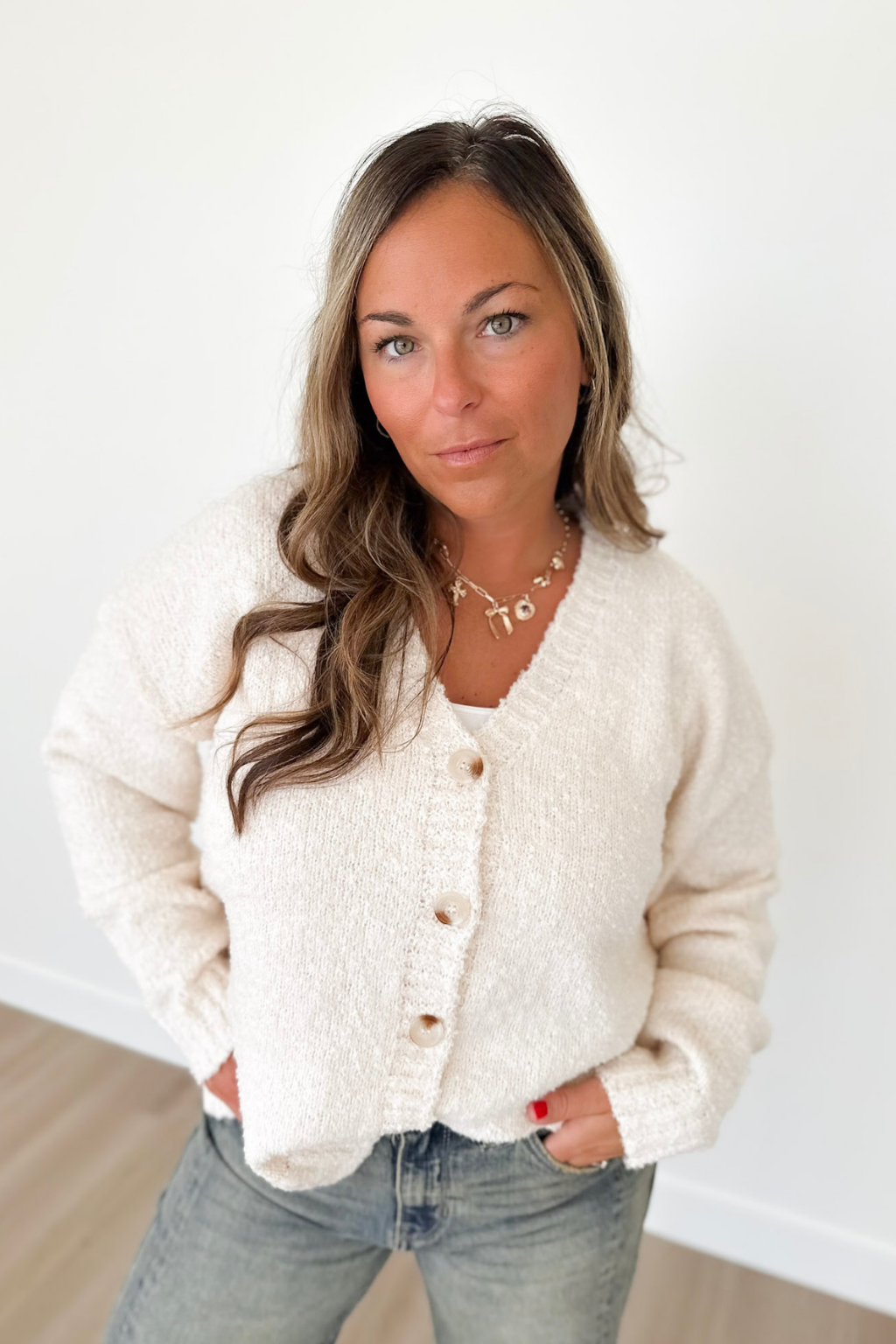 Cream Button Down V-Neck Cardigan