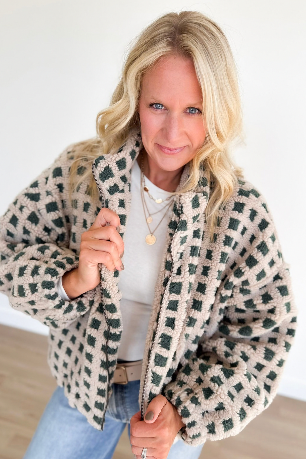 Taupe/Green Fuzzy Sherpa Jacket