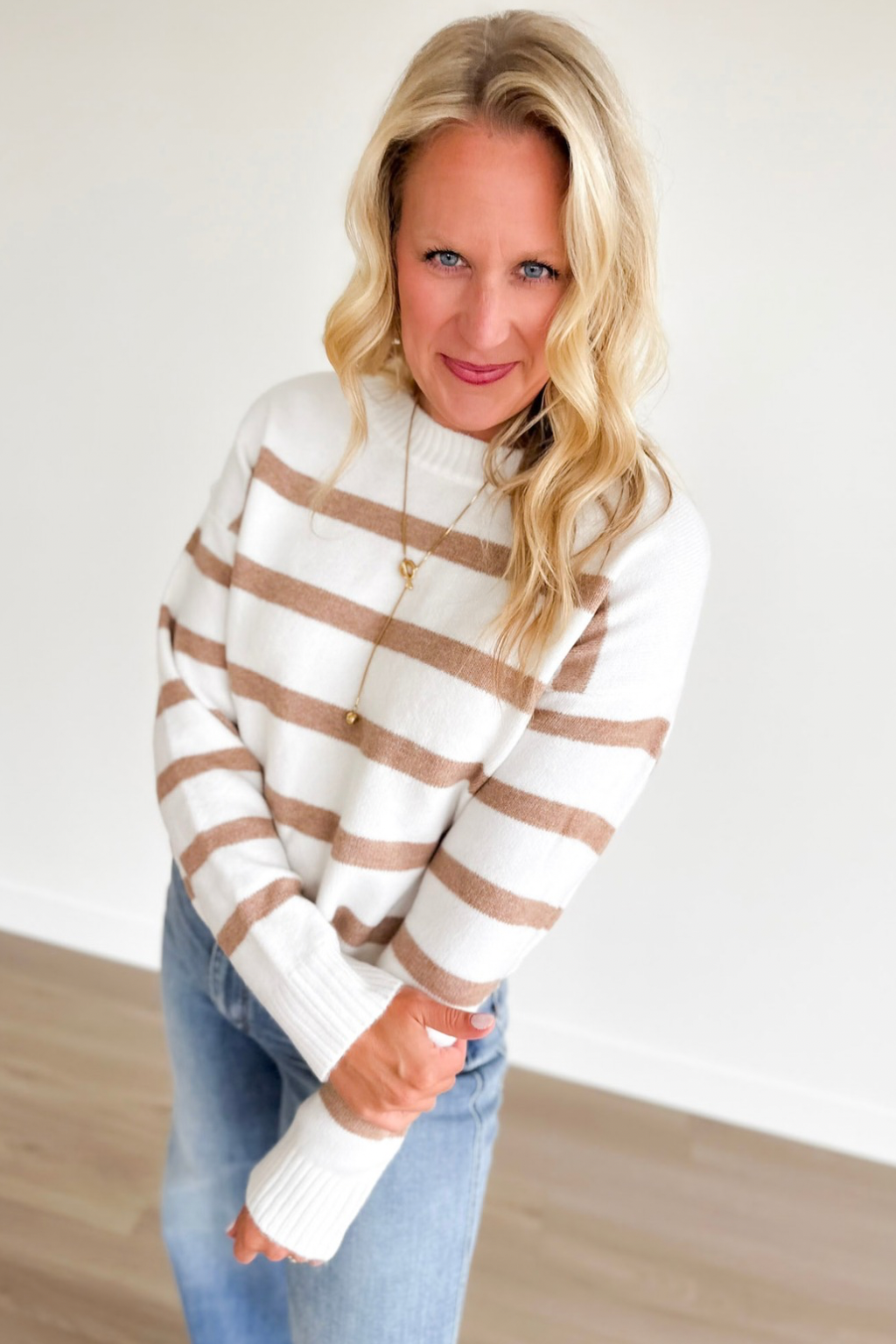 Ivory Knit Tan Horizontal Stripe Sweater