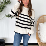 Relaxed Ivory Knit Sweater with Black Stripes