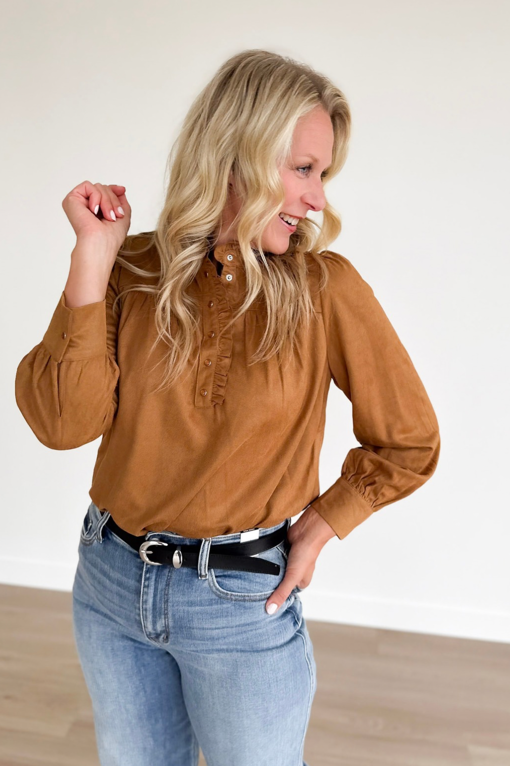 Camel Suede Ruffle Neck Top