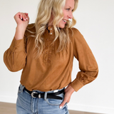 Camel Suede Ruffle Neck Top