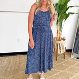 Navy Polka Dot Flare Midi Dress