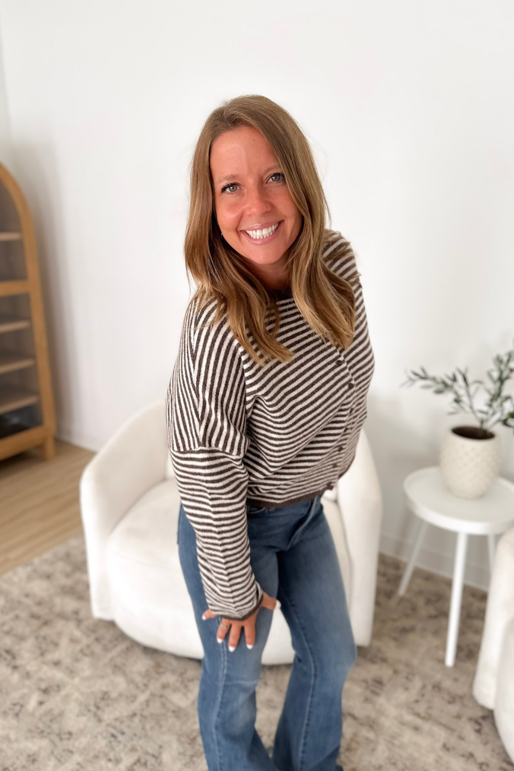 Brown & Ivory Striped Button Cardigan