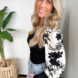 Black/White Floral Contrast Sleeve Top