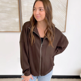 Casual Zip Up Relaxed Jacket-Brown