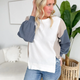 White/Taupe/Blue Color Block Pullover