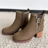 Olive Suede Heeled Boots With Silver Buckle