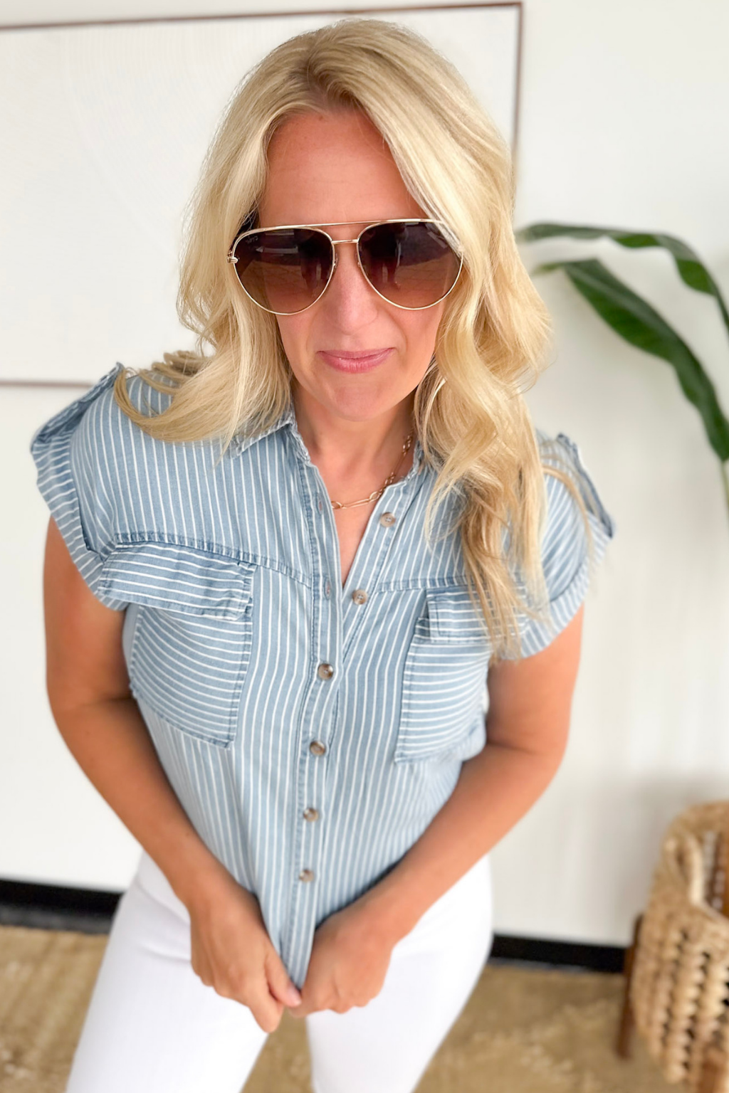 Chambray Short Sleeve Button Collared Top