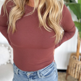 Burgundy Fitted Round Neck Long Sleeve Top