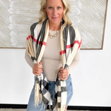 Cream/Black/Red Plaid Cashmere Scarf with Tassel