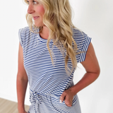 Drawstring Royal Striped Short Sleeve Dress