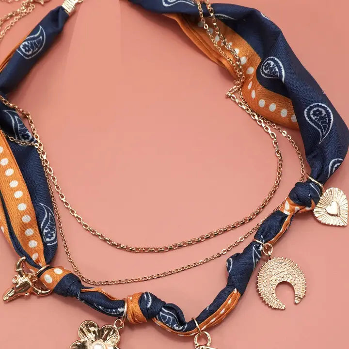 Navy Western Scarf Charm Necklace