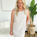 Taupe/Ivory Striped Shoulder Tie Mini Dress