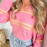 Soft Pink Knit Yellow Stripes Collared Sweater