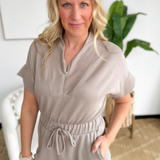 Taupe Zip V-Neck Short Sleeve Mini Dress