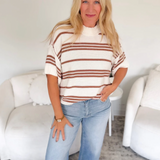Ivory/Brown Striped Short Sleeve Knit Top