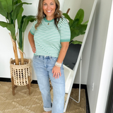 Green/Ivory Striped 1/2 Sleeve Knit Top
