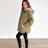 Olive Quilted Hooded Button Up Jacket
