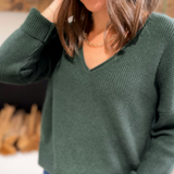 Lennon Dark Green V-Neck Ribbed Sweater