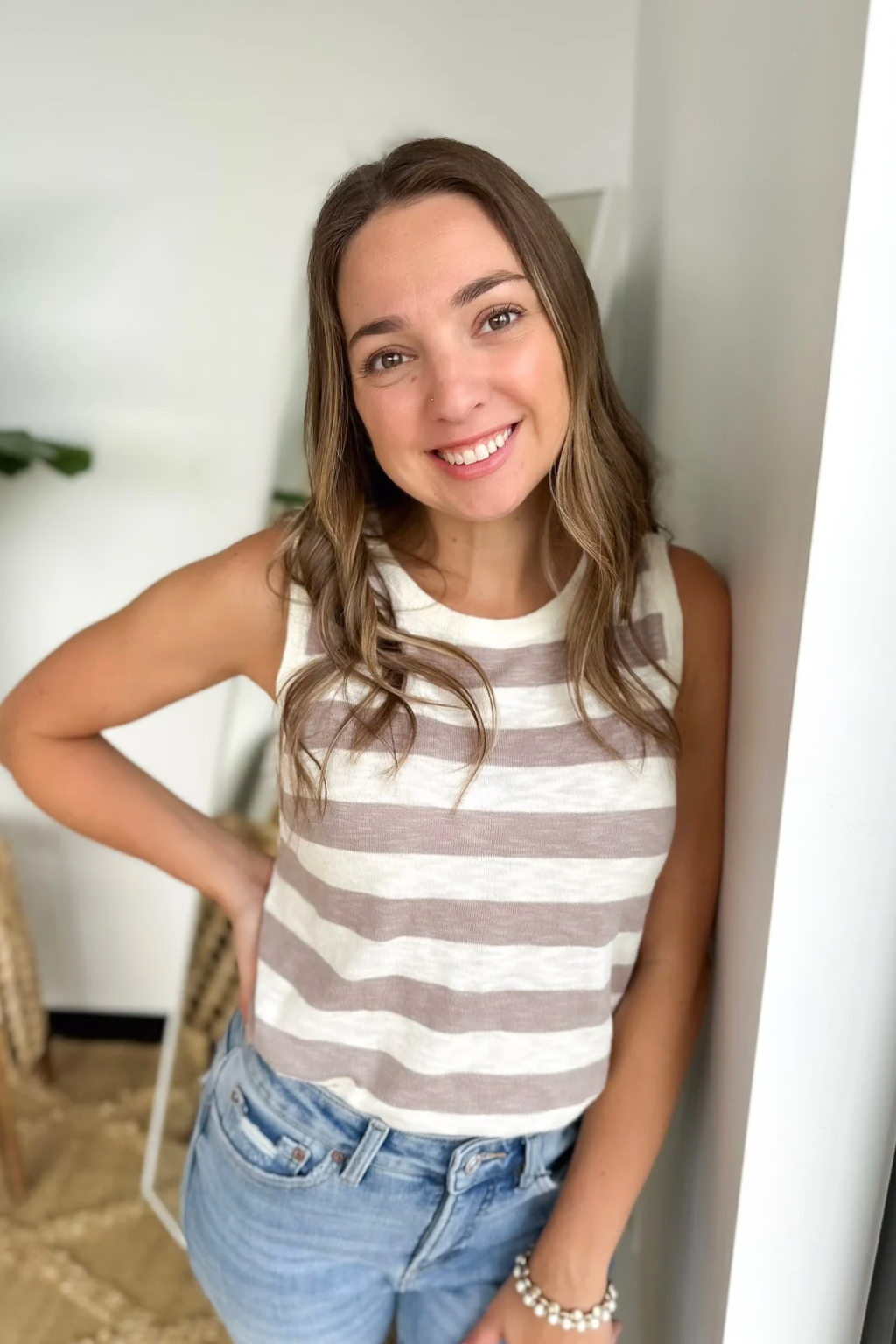 Greige/Ivory Striped Sleeveless Top