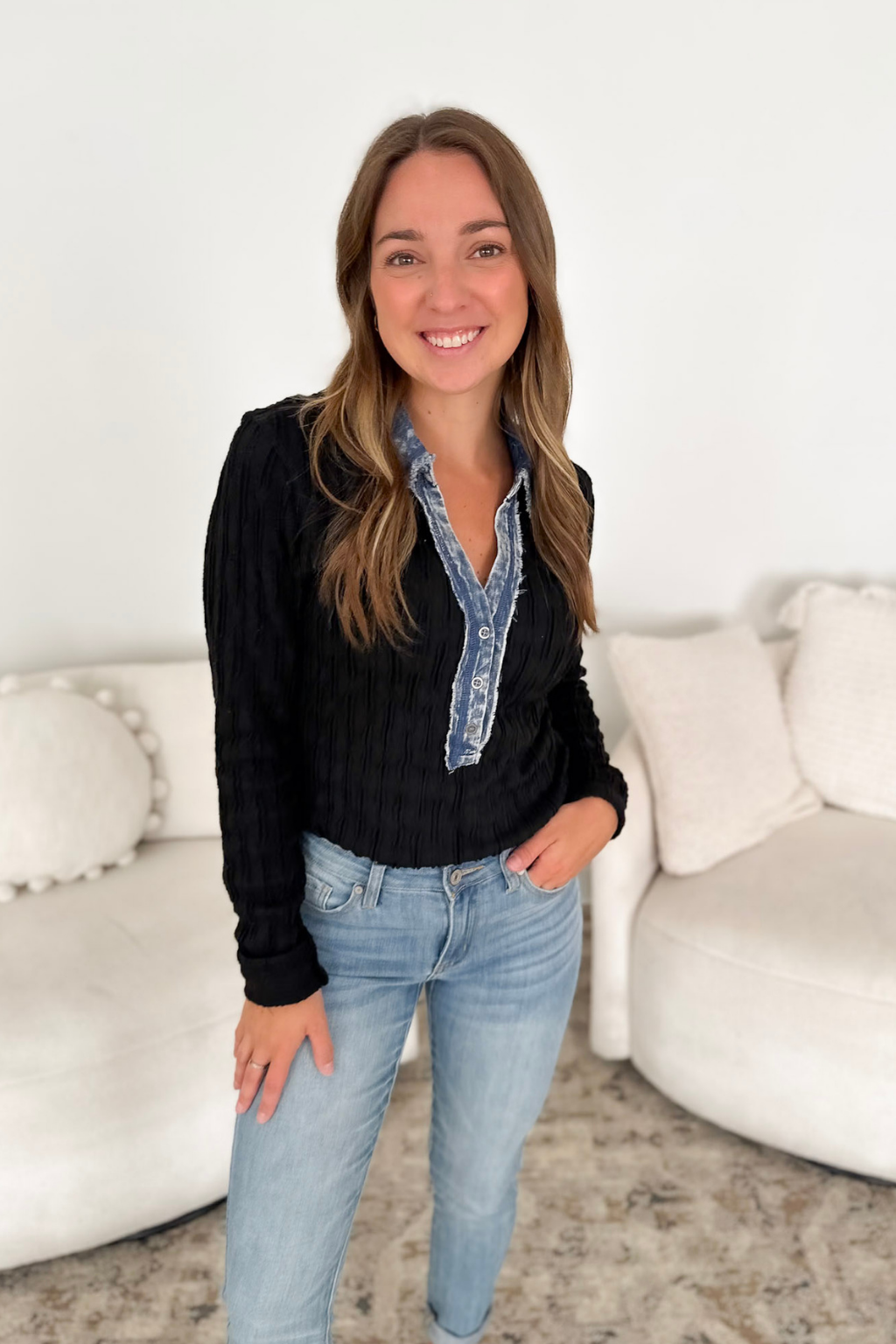 Black Textured Denim Mixed Long Sleeve Top