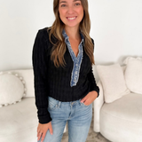 Black Textured Denim Mixed Long Sleeve Top