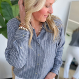 Navy Collared Button Down Striped Top