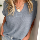 Relaxed Fit V-Neck Short Sleeve Knit Top-Denim