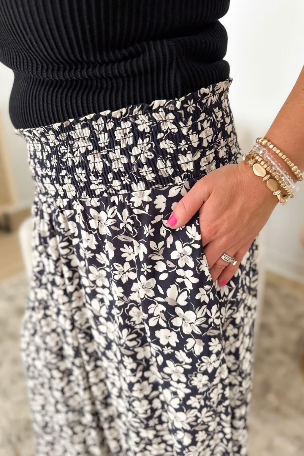 Dark Blue Floral Elastic Waistband Midi Skirt