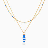 Layered Blue Fish Charm Necklace