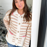 Cream/Taupe Striped Button Top with Pink Accents