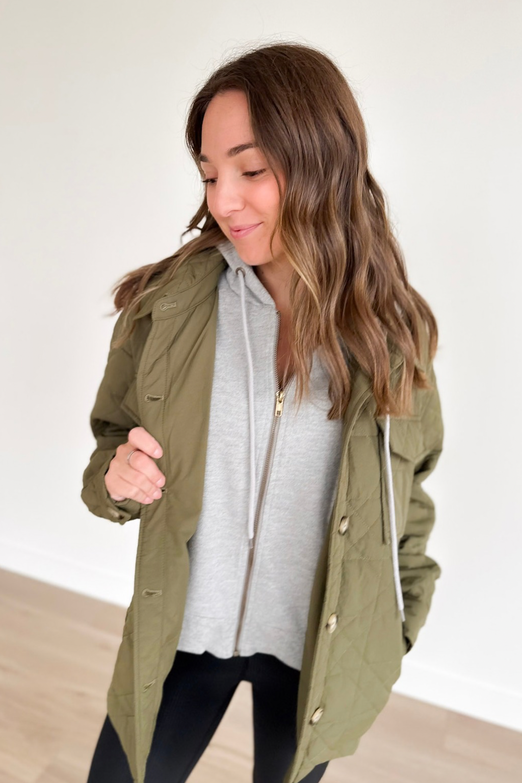 Olive Quilted Hooded Button Up Jacket
