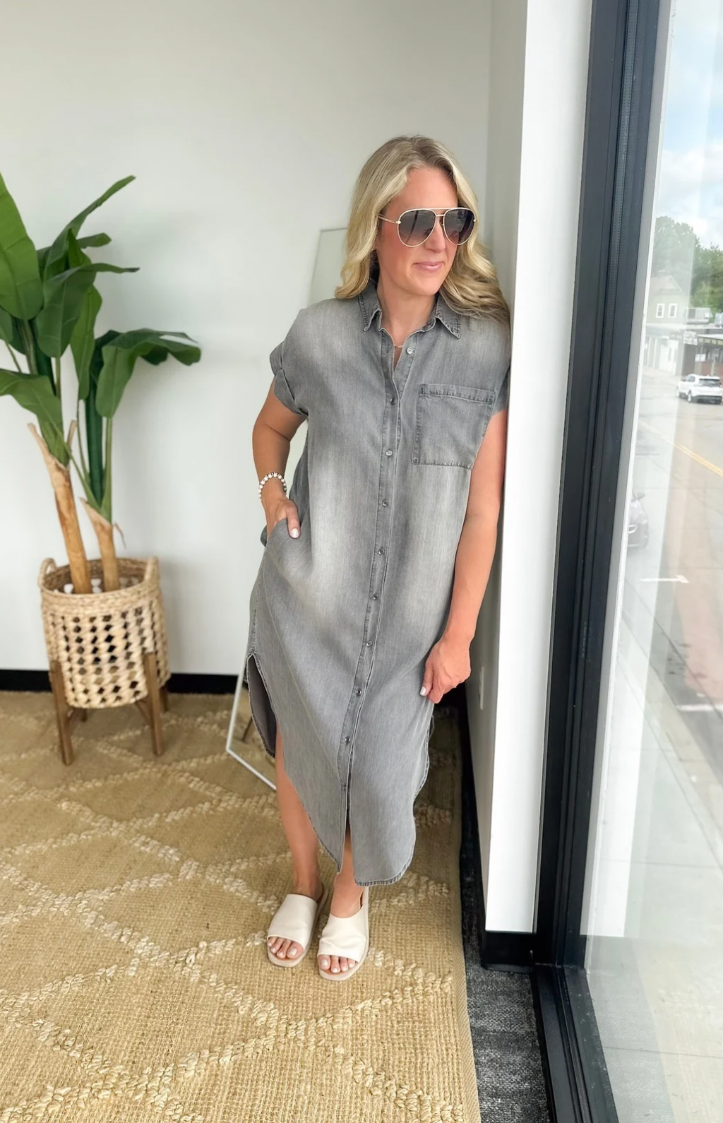 Dark Denim Short Sleeve Shirt Midi Dress Large