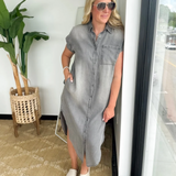 Dark Denim Short Sleeve Shirt Midi Dress