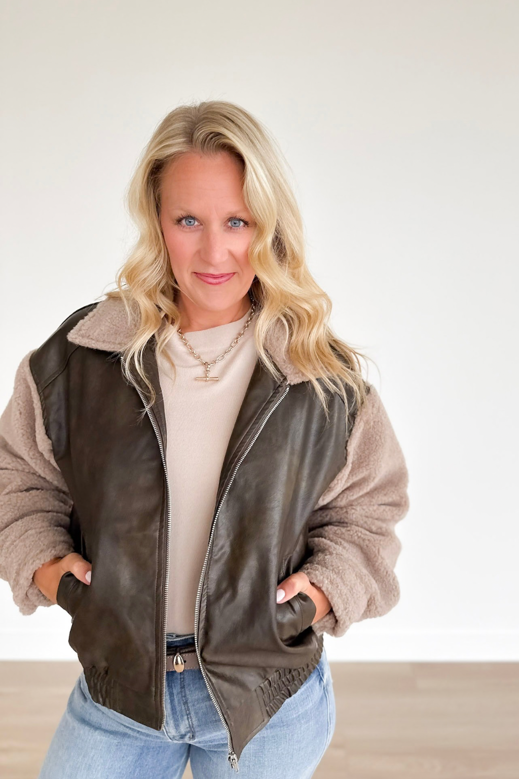 Brown Faux Leather Sherpa Bomber Jacket