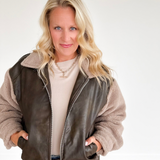 Brown Faux Leather Sherpa Bomber Jacket