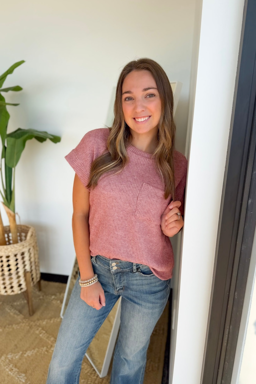 Mauve Soft Waffle Knit Short Sleeve Top