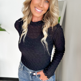 Sheer Knit Textured Mock Neck Long Sleeve Top