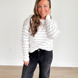 Ivory Crew Neck Charcoal Dotted Striped Sweater