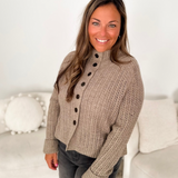 Taupe Knit High Neck Button Sweater