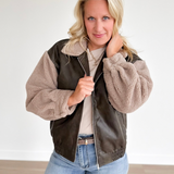Brown Faux Leather Sherpa Bomber Jacket