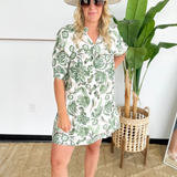 Green Floral Elbow Sleeve Mini Dress
