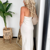 Oatmeal Linen Striped Halter Top Maxi Dress