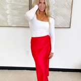 Red Satin Midi Skirt