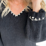 Black Knit V-Neck Contrast Stitch Sweater