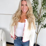 Ivory Knit Cardigan with Contrast Red Trim