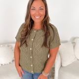 Olive Cable Knit Button Short Sleeve Top