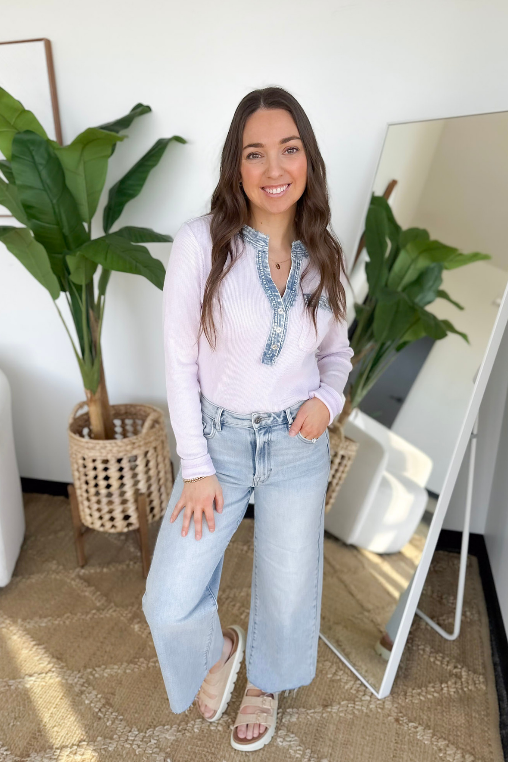 Denim Mixed Henley Waffle Top