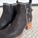 Black Suede Heeled Boots With Silver Buckle